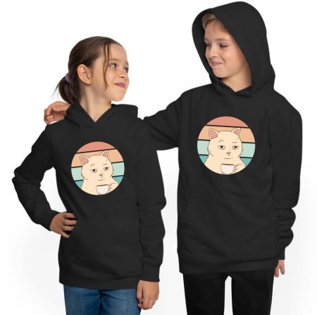 Kids Hoodie Hooded Sweatshirt - Retro Cat with Cup i106